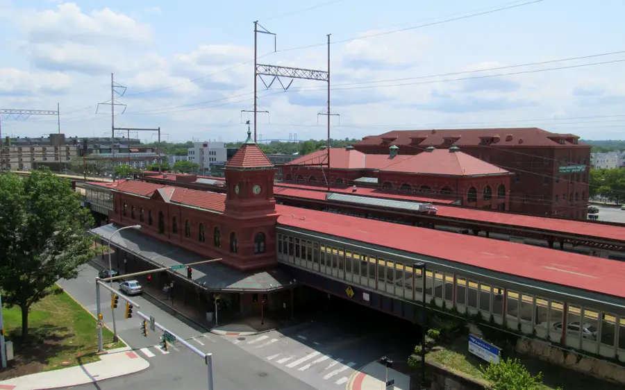 Wilmington Station and its red-roofed platforms seen from above